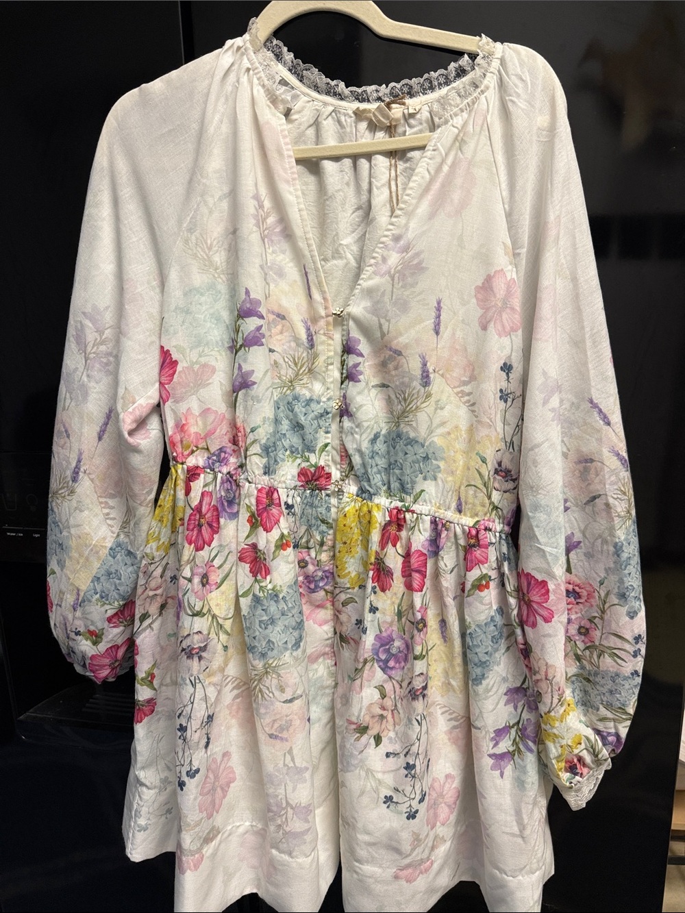 Anthropologie Women’s White Floral Peasant Dress with Pink & Blue Blooms NWT
